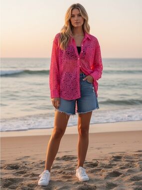 NWT By Anthropologie Metallic Lace Sheer Button Down in Pink Size Small
